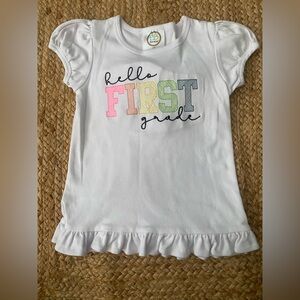 BB Blanke Boutique girls embroidered “hello FIRST grade” white shirt